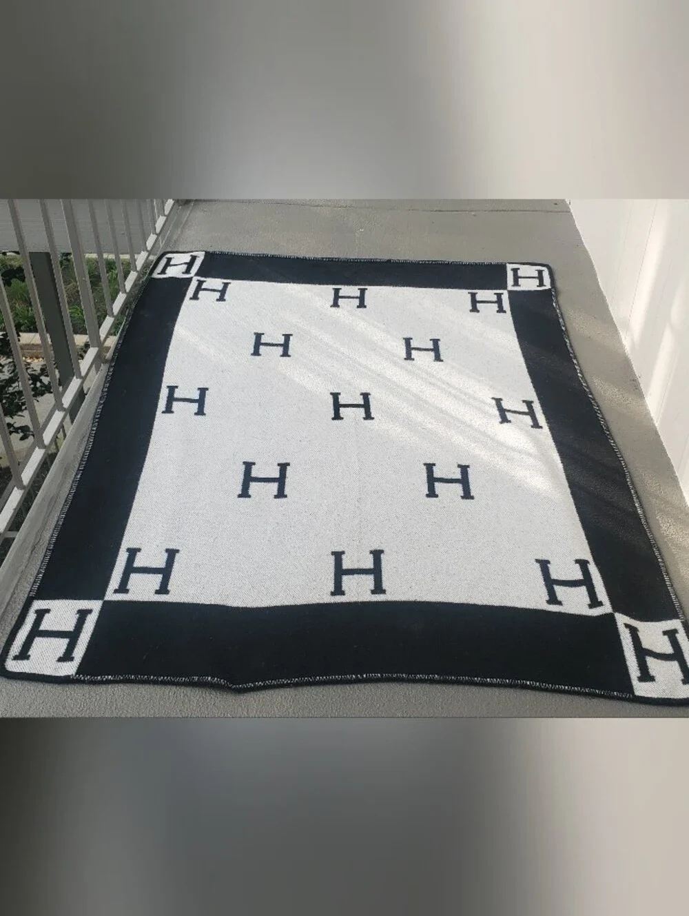 Hermes Avalon III Black and Cream Logo Knit Throw